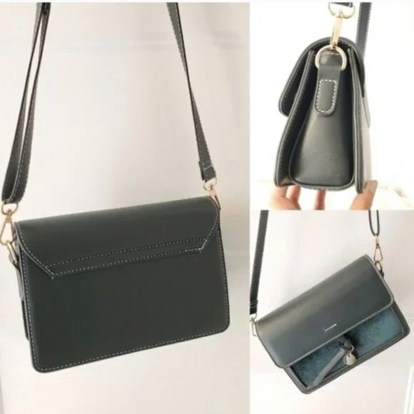 Structured Green Crossbody Shoulder Bag Gold Hardware Vegan Leather - Picture 2 of 6